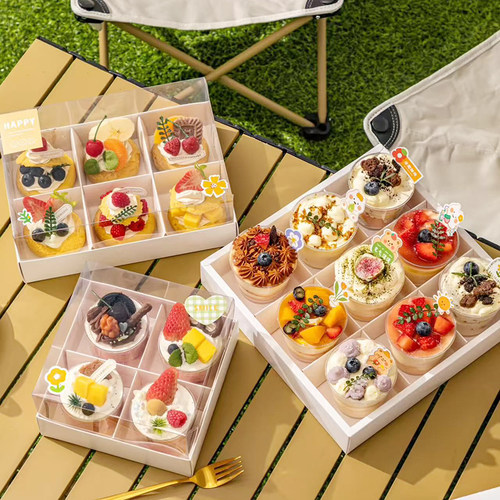 春游小甜品手提袋打包盒带盖一次性圆形方形塑料透明慕斯蛋糕杯
