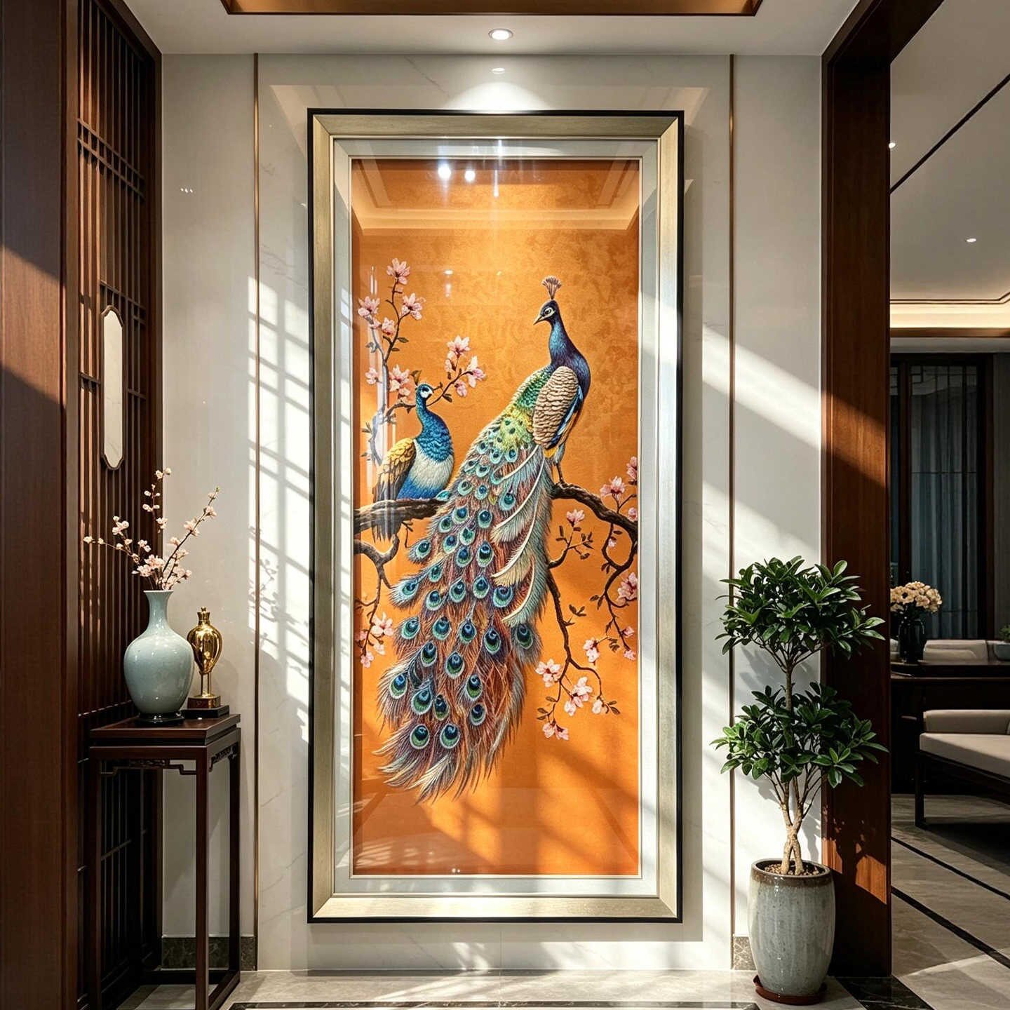 入户高端织锦绣装饰画新中式入户正对门挂画孔雀走廊过道轻奢壁画
