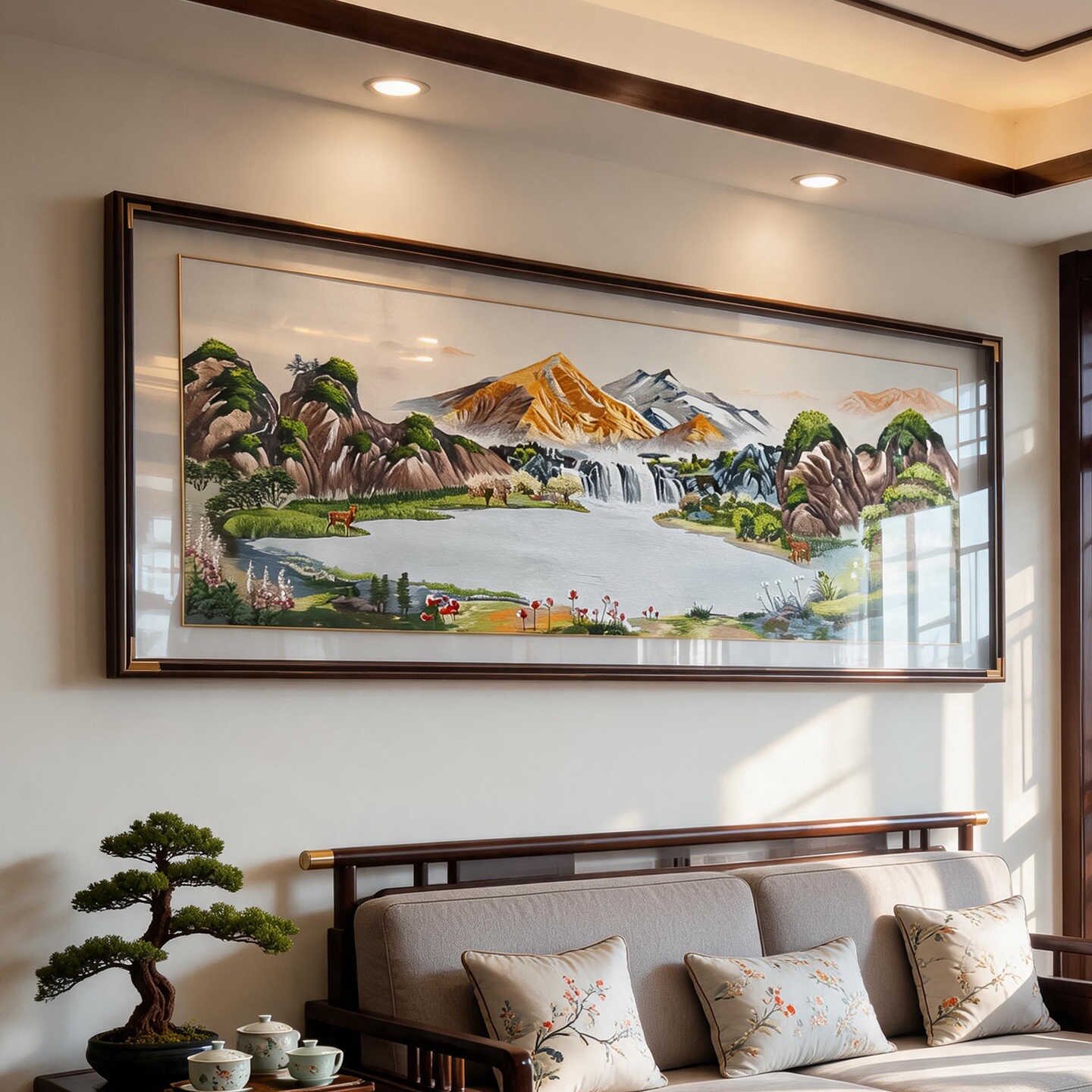 聚宝盆风水画客厅背景办公室装饰画书房墙贴壁画高山流水生财山水