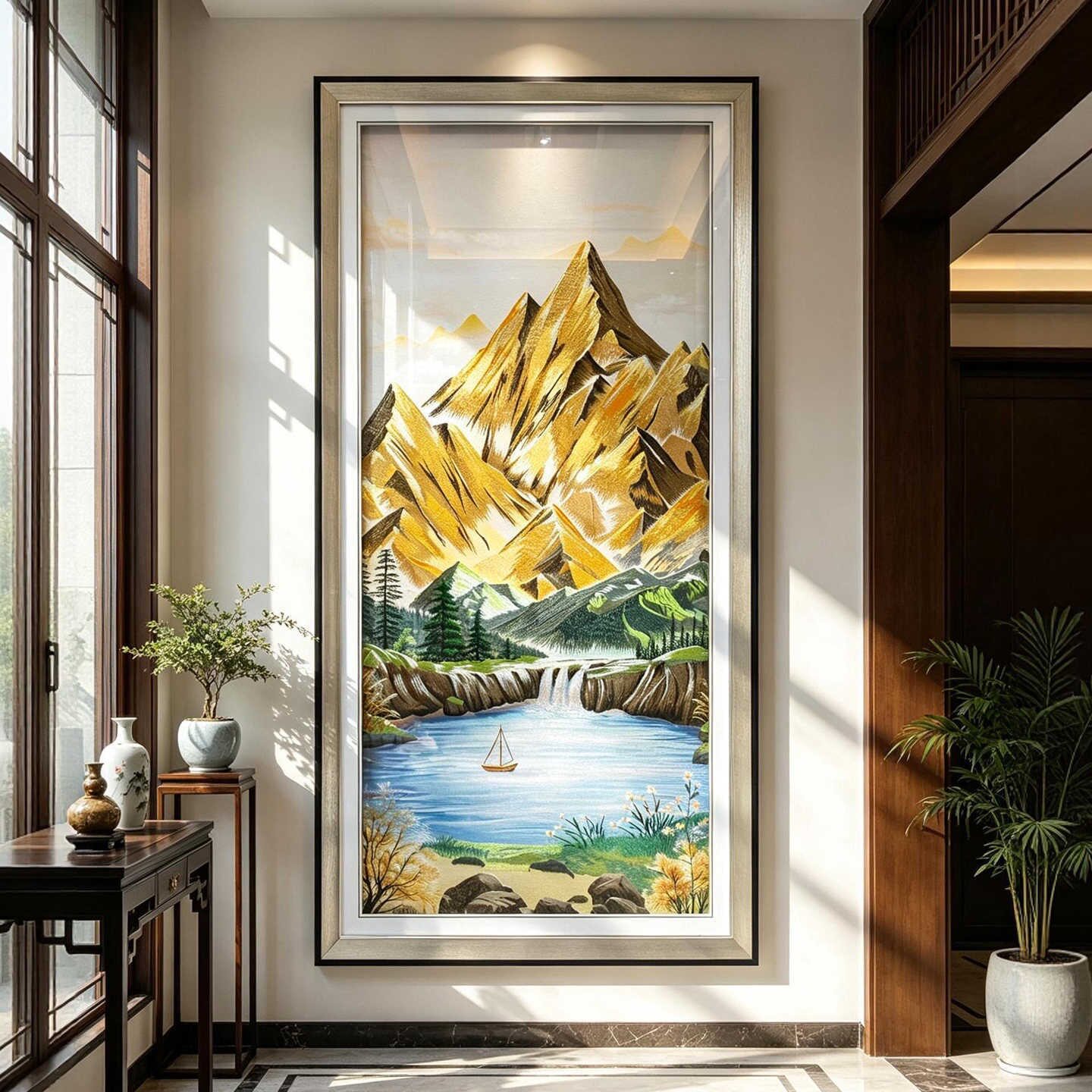 金山玄关装饰画客厅入户走廊竖版刺绣挂画高端大气聚宝盆山水壁画