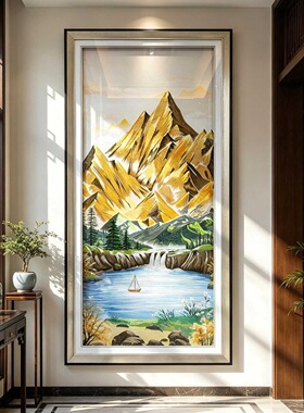 金山玄关装饰画客厅入户走廊竖版刺绣挂画高端大气聚宝盆山水壁画