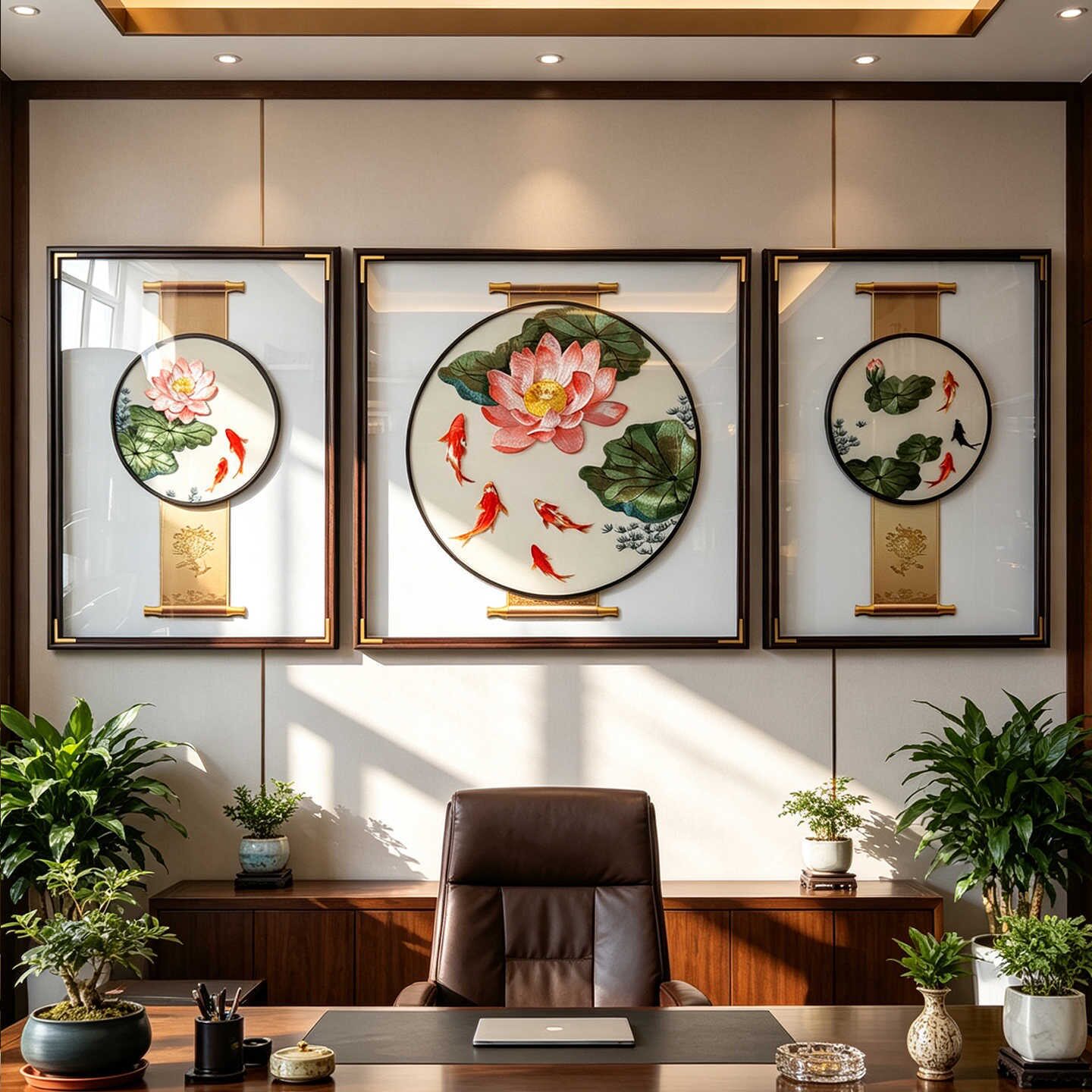 新中式刺绣客厅挂画办公室装饰画书房墙贴壁画荷花鱼三联画山水画