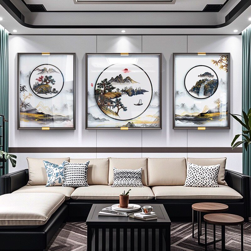 新中式刺绣客厅挂画办公室装饰画书房墙贴壁画荷花鱼三联画山水画