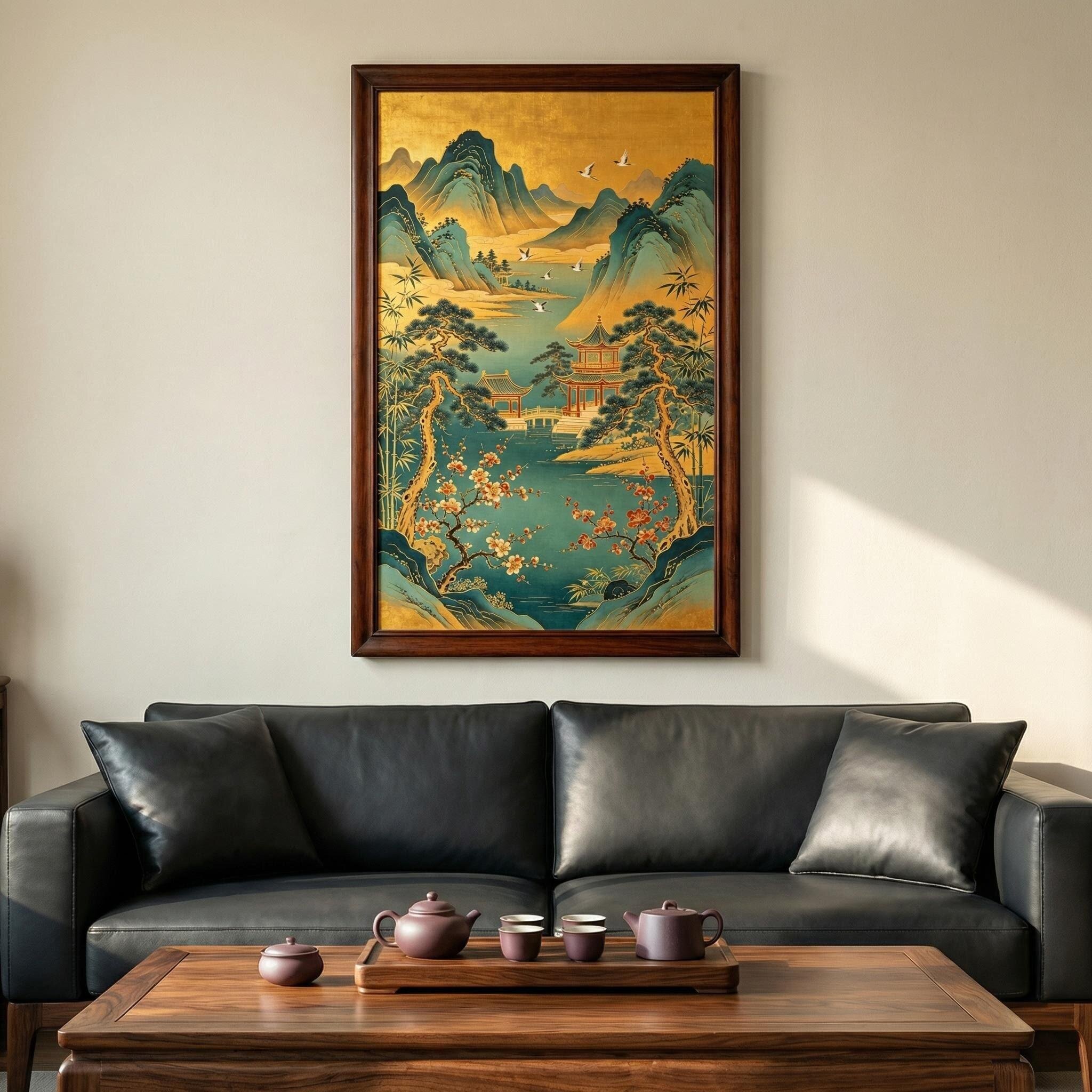 中古风山水金箔实木外框挂画