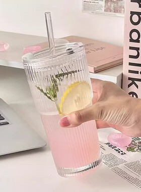 ins风大容量带盖带吸管竖条纹玻璃杯高颜值冷饮杯果汁咖啡杯水杯
