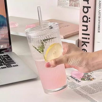 ins风大容量带盖带吸管竖条纹玻璃杯高颜值冷饮杯果汁咖啡杯水杯