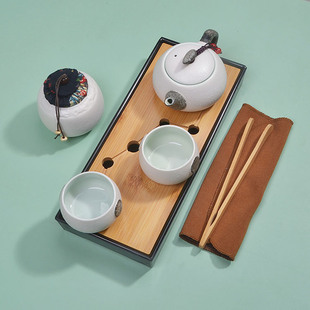 一壶两杯简约陶瓷功夫茶具酒店民宿木质茶盘茶杯茶壶套装家用泡茶
