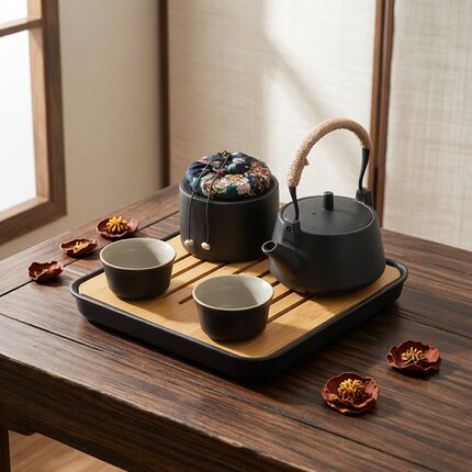 大号整套茶具套装家用陶瓷一壶两杯黑陶宿舍提梁壶小茶盘茶台茶托