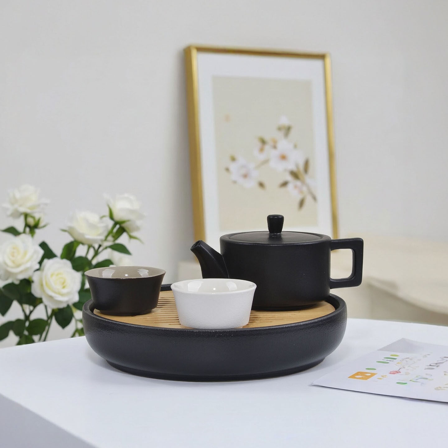 新品黑陶一壶两杯家用圆形陶瓷台