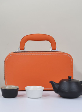 新品橙色黑陶一壶两杯便携式旅行茶具套装陶瓷功夫泡茶壶手提收纳