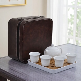 羊脂玉茶具套装便携式家用户外旅游盖碗茶壶浮雕白瓷功夫四方茶盘