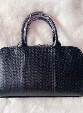 D家秋冬美物 超美黑色天然蛇皮女包手提包手挽包保龄球包小众