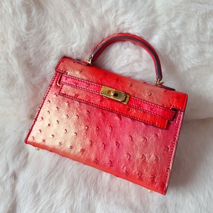 NEW美物新品 超美红色炫彩奢华天然鸵鸟皮女包单肩包斜跨凯莉迷你