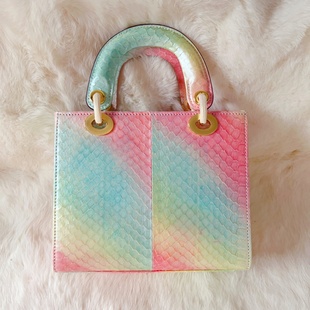 D家秋冬美物新品 超美彩虹渐变奢华天然蛇皮女包单肩包小号斜挎