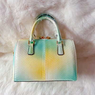 D家新品美物 超美柠檬黄珠光天然蛇皮女包单肩包迷你小号波士顿包