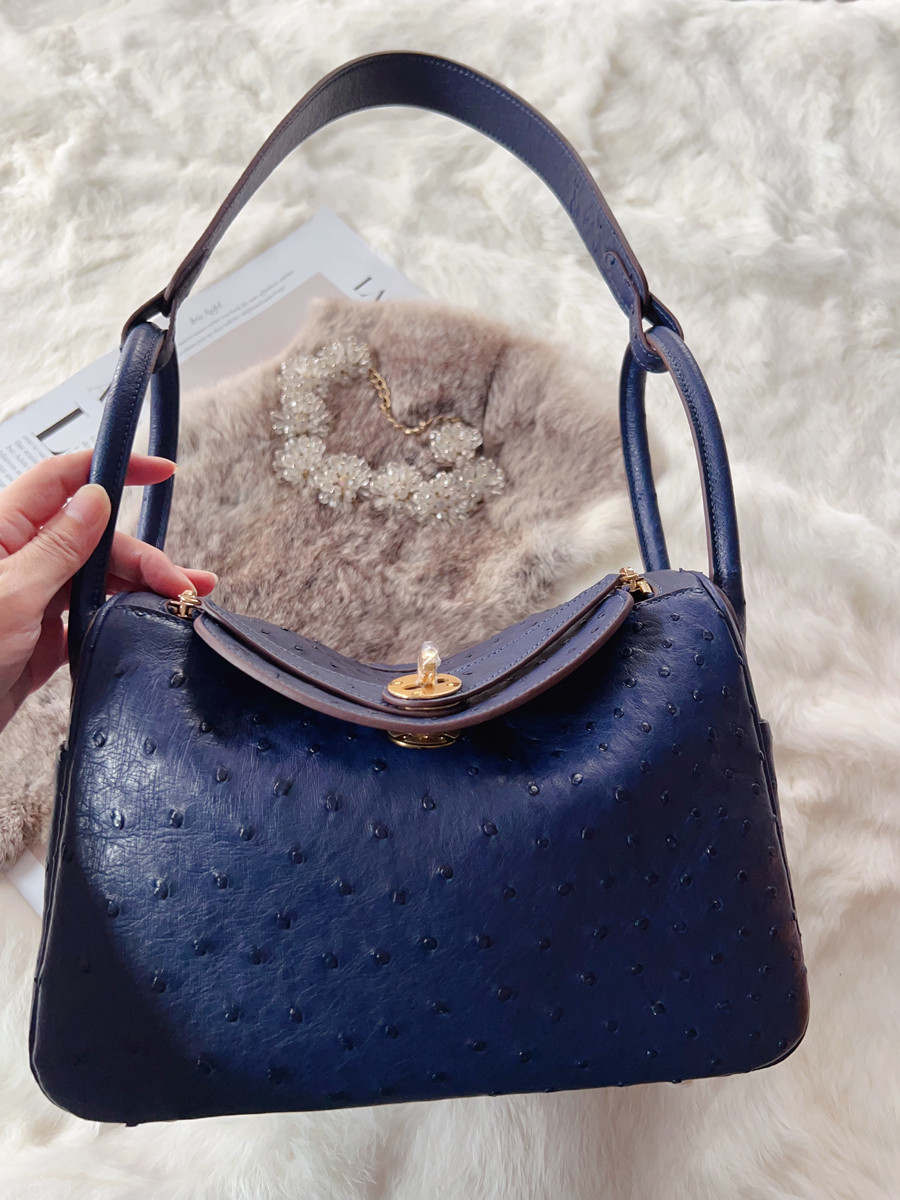 d家美物新品 超美深蓝色奢华天然南非进口kk鸵鸟皮女包单肩包手提