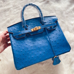 特NEW高端美物超美宝石蓝天然奢华南非进口鸵鸟皮手提包女包小号