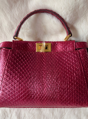 D家美物新品 超美酒红色珠光奢华天然蟒蛇皮女包手提包单肩包小号