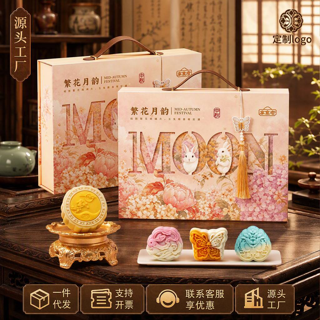 月饼礼盒装广式苏式五仁冰皮糕点流心奶黄木盒中秋礼盒团购