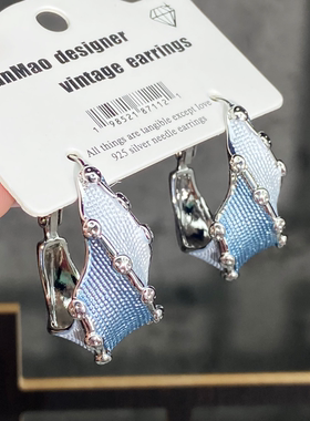 复古法式波点冰淇淋耳圈蓝色金橙色蓝银色扭曲椭圆形耳环耳饰银针