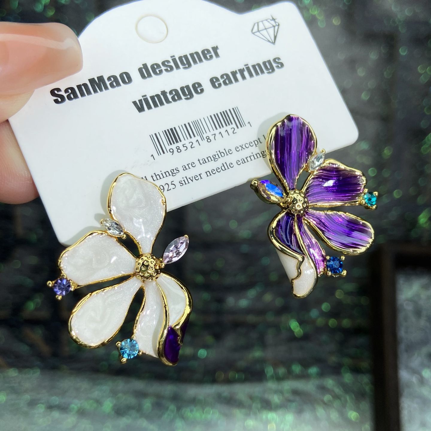 中古油画风珐琅滴釉紫罗兰花瓣耳钉轻奢高级感白色闪钻耳环银针