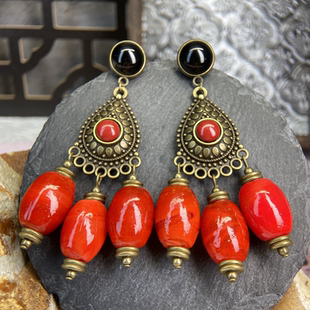 西洋中古重工做旧红色手工云纹琉璃耳环张扬贵气优雅流苏耳饰