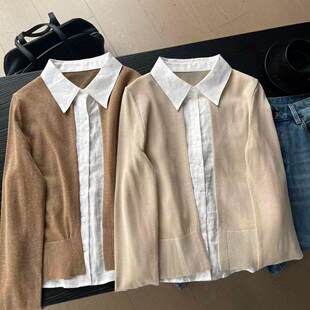 翻领衬衫 26春夏新品 拼接针织假两件上衣26316 罗马午后