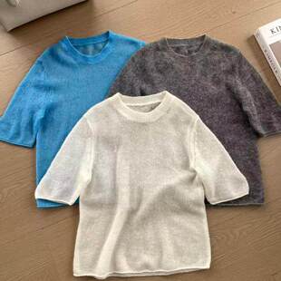 慵懒柔软圆领马海毛短袖 26春夏新品 恤26316 软糯马海