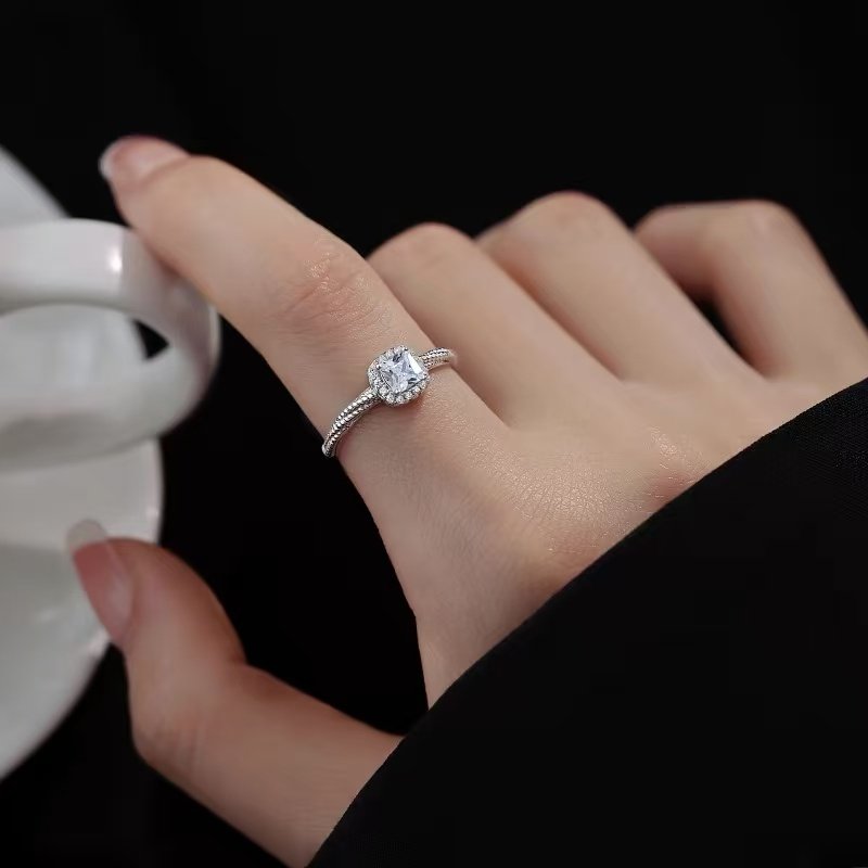 925纯银小方糖戒指小众设计食指戒轻奢高级素圈女开口戒