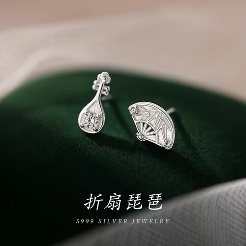 925纯银折扇琵琶耳钉小众女2025新款爆款耳环高级感耳饰