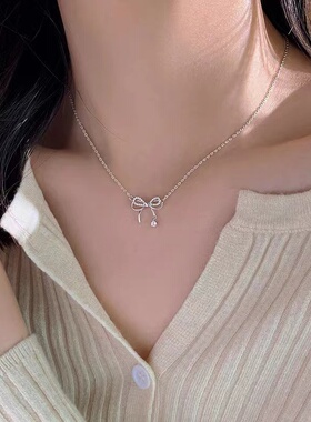 925银纯银十字链女蝴蝶结项链