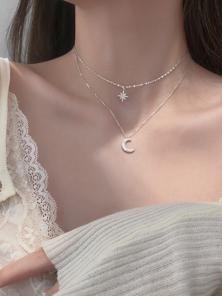 s925纯银闪钻星芒月亮双层项链小众女锁骨链设计感轻奢新款