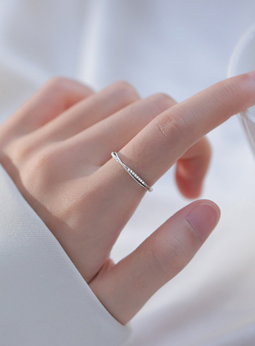 925纯银线条戒指日系交叉排钻