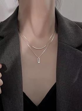 双层叠戴925银毛衣项链女2025年新款高级设计感小众锁骨链