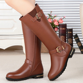 羊毛中筒靴特大码 真皮平底高筒靴冬季 新款 软底骑士靴侧拉链女棉靴