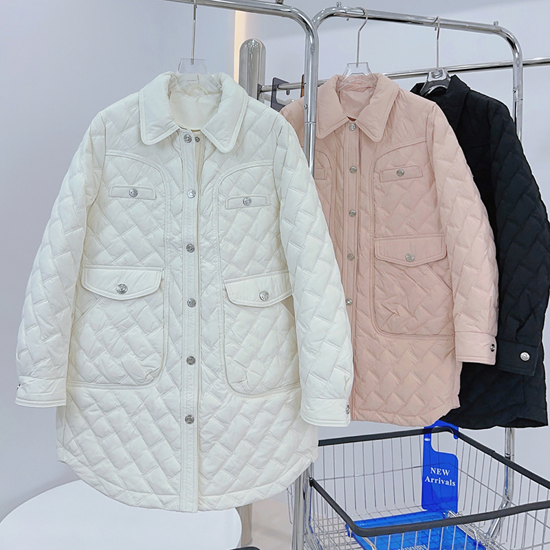 小香风中长款轻薄羽绒服女款2024年新款薄款翻领菱形格秋冬季外套