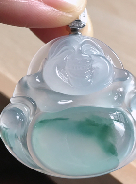 缅甸天然翡翠A货冰飘花大佛公18k金钻扣头35.5-39.5-8.0，16.60g