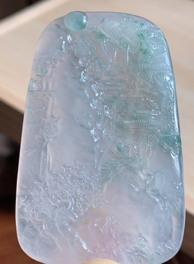 缅甸天然翡翠A货冰飘花山水牌，料底干净，64.9-40-6.9，38.89g