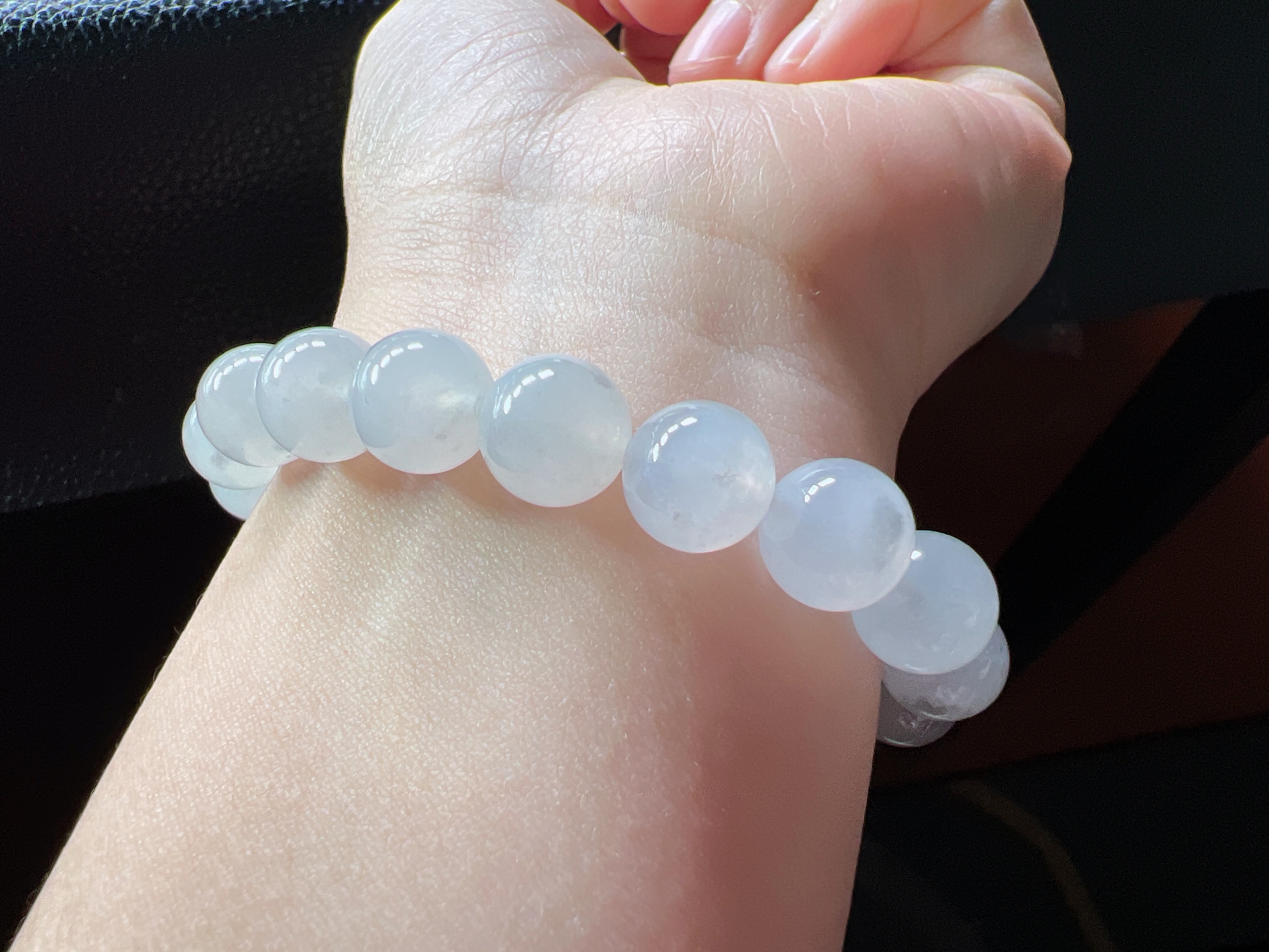 缅甸天然翡翠A货冰种白冰圆珠单圈手串，珠卡10种水好，冰润胶感
