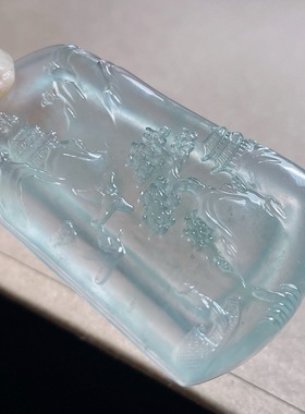 缅甸天然翡翠A货高冰起光山水牌，底子纯净53.4-35.4-5.8，24.45g