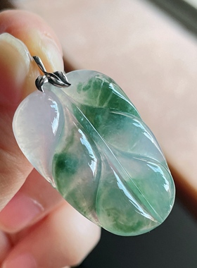 缅甸天然翡翠A货冰飘花叶子18k金扣头裸石36.6-25.8-5.5，10.18g