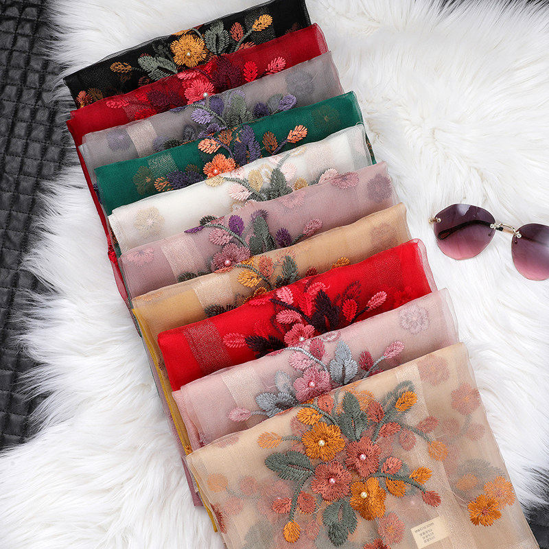 真丝丝巾女羊毛刺绣海棠花围巾高档桑蚕丝钉珠纱巾夏季防晒披肩