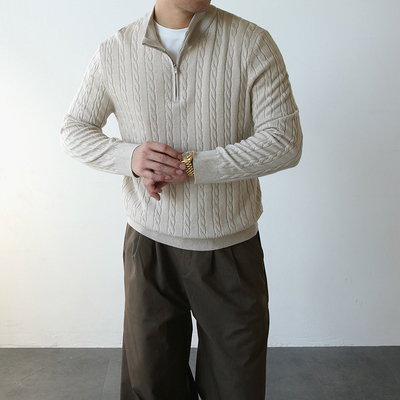 老钱风500G半拉链立领针织衫男