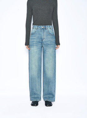 2026年春季女中高腰弹力拼接贴袋直筒裤拖地牛仔裤667015