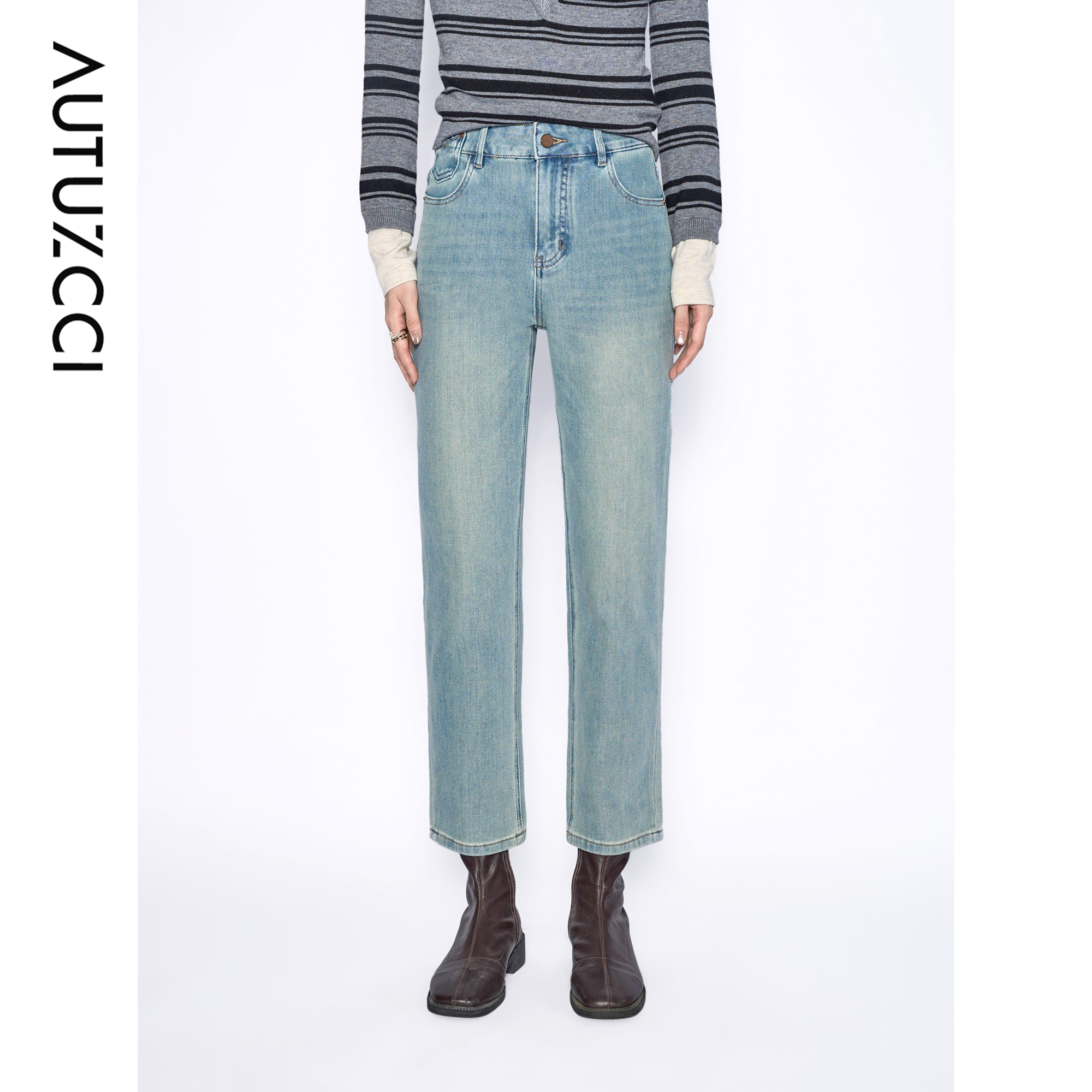 四面弹高腰直筒烟管牛仔裤女小个子2025春秋款显瘦法棍裤子76003