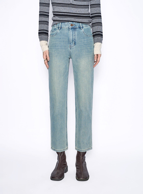 四面弹高腰直筒烟管牛仔裤女小个子2025春秋款显瘦法棍裤子76003