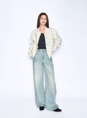 韩系重工水洗扎花阔腿直筒拖地裤86996