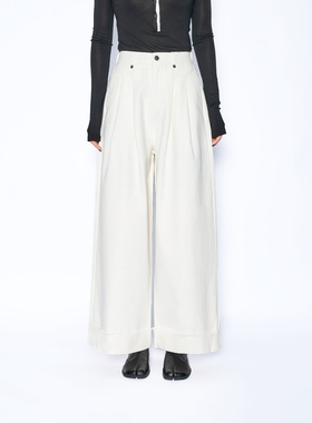 2026春季中高腰全棉白色宽松半松紧腰直筒卷边牛仔裤L227