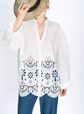 法式重工镂空白色衬衫女秋季新款慵懒松弛感长袖小衫v领衬衣816