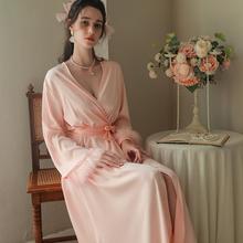 新娘晨袍女夏季冰丝超仙羽毛结婚伴娘睡袍法式纯欲性感长袖家居服